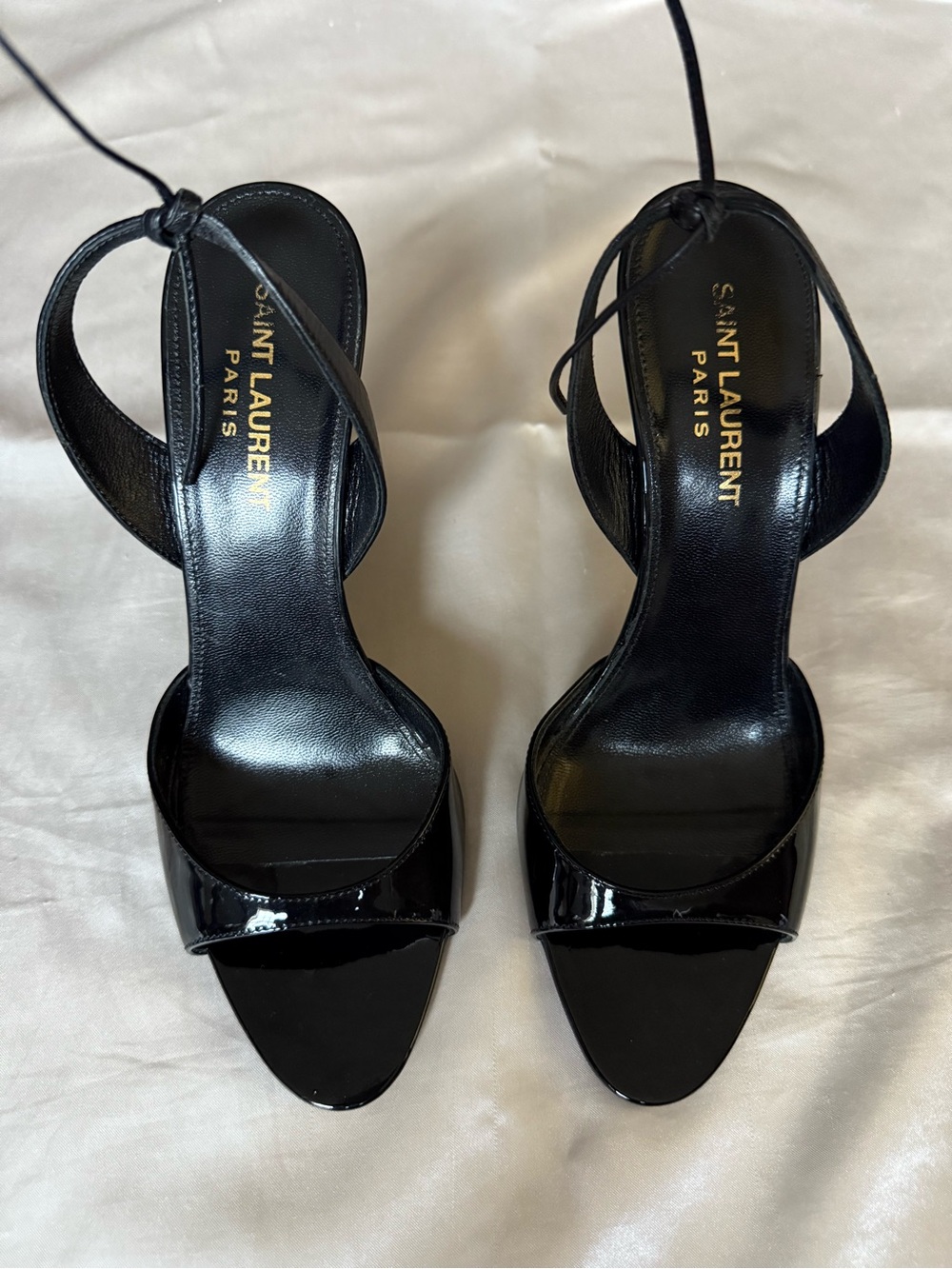 Saint Laurent Black Patent Leather Lace-Up Open-Toe Heels